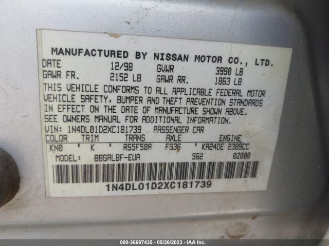 1999 NISSAN ALTIMA XE/GXE/SE/GLE/SE-L VIN: 1N4DL01D2XC181739