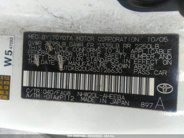 2005 TOYOTA PRIUS VIN: JTDKB20U453126630