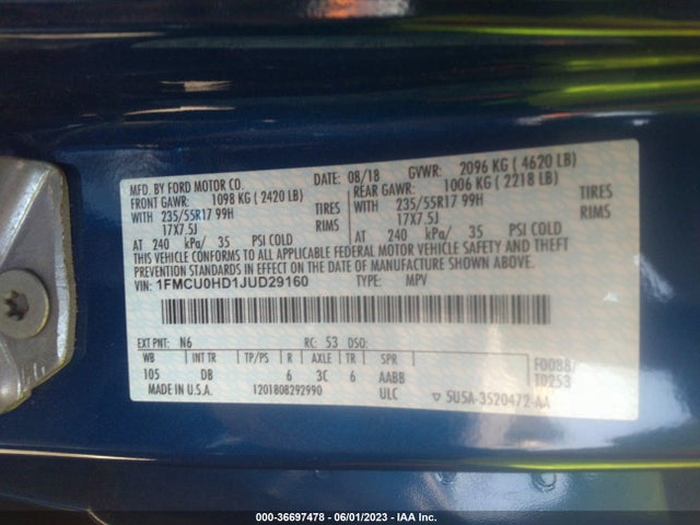 2018 FORD ESCAPE SEL VIN: 1FMCU0HD1JUD29160