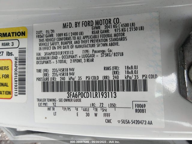 2020 FORD FUSION SEL VIN: 3FA6P0CD1LR193113