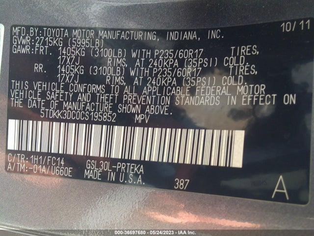 2012 TOYOTA SIENNA LE VIN: 5TDKK3DC0CS195852