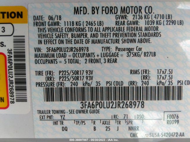 3FA6P0LU2JR268978 Ford Fusion Hybrid Se