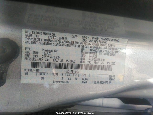 2014 FORD FOCUS SE VIN: 1FADP3F27EL407493