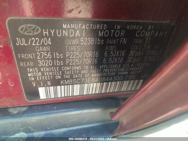 2004 HYUNDAI SANTA FE GLS/LX VIN: KM8SC73E84U844300