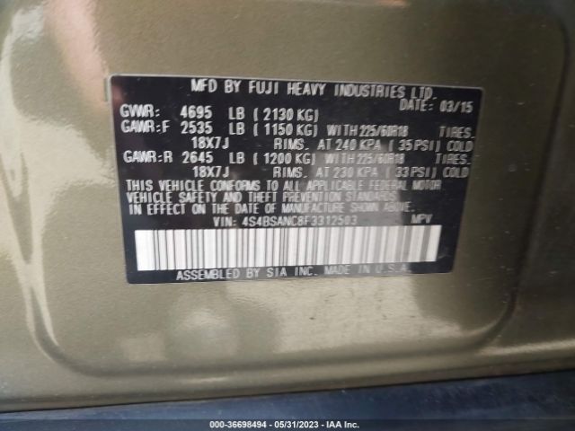 4S4BSANC8F3312503 Subaru Outback 2.5i Limited