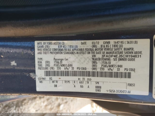 2012 FORD FIESTA SE VIN: 3FADP4EJ5CM194831