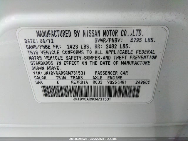 2012 INFINITI G25 SEDAN X VIN: JN1DV6AR9CM731531