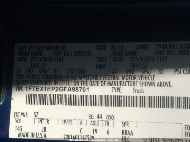 1FTEX1EP2GFA98761 Ford F-150 Xlt/xl/lariat