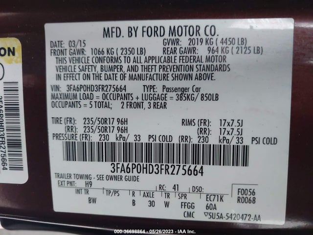 Ford FUSION SE 2015 3FA6P0HD3FR275664 Image 10