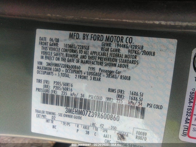 2009 MERCURY MILAN VIN: 3MEHM07Z39R600860