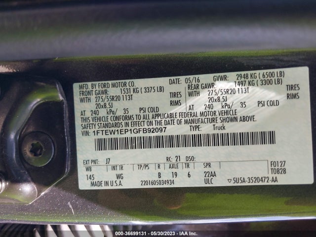 2016 FORD F-150 XL VIN: 1FTEW1EP1GFB92097