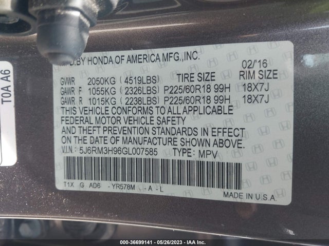 Honda Cr-v Touring 2016 5J6RM3H96GL007585 Image 9