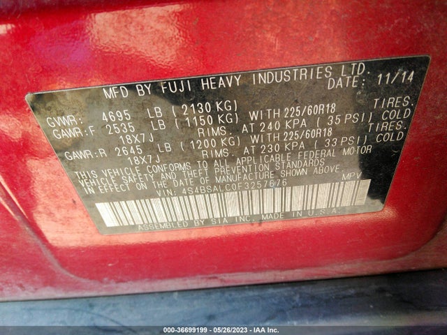 Subaru Outback 2.5i Limited 2015 4S4BSALC0F3257676 Image 11