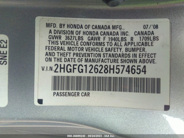 2008 HONDA CIVIC CPE LX VIN: 2HGFG12628H574654