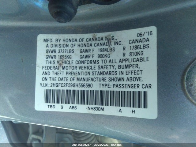 2016 HONDA CIVIC SEDAN LX VIN: 2HGFC2F59GH556590