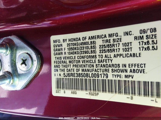 2008 HONDA CR-V EX VIN: 5J6RE38508L009179