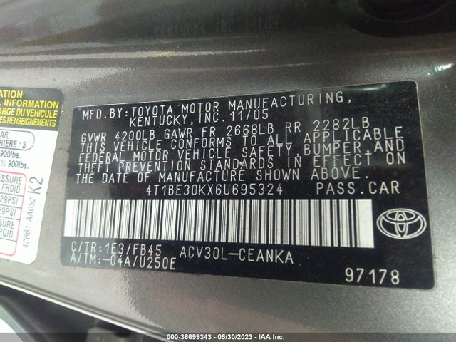 2006 TOYOTA CAMRY STD/LE/SE/XLE VIN: 4T1BE30KX6U695324