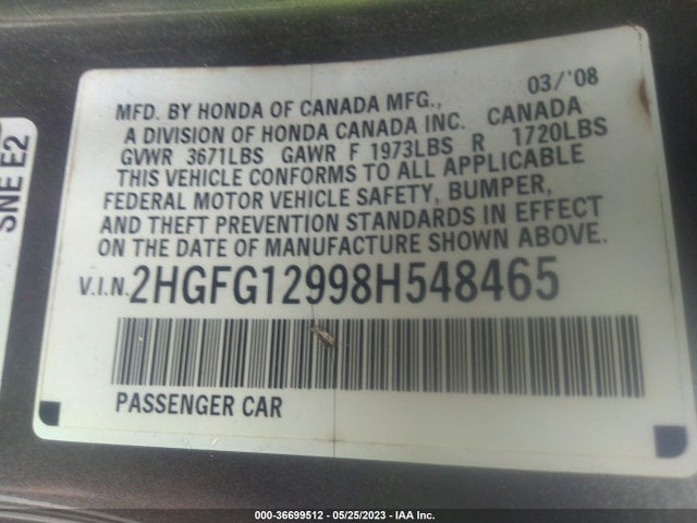 2008 HONDA CIVIC CPE EX-L VIN: 2HGFG12998H548465