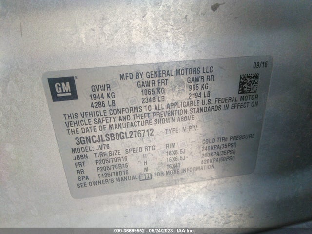 Chevrolet Trax Lt 2016 3GNCJLSB0GL276712 Image 9