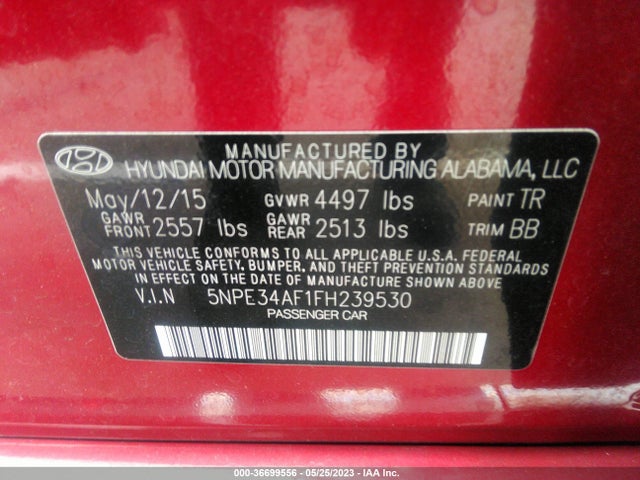 36699556 :رقم المزاد ، 5NPE34AF1FH239530 vin ، 2015 Hyundai Sonata 2.4l Limited مزاد بيع