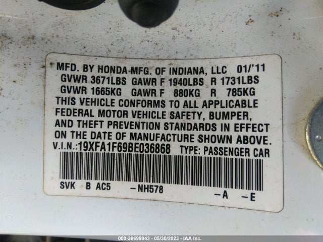 2011 HONDA CIVIC SDN LX-S VIN: 19XFA1F69BE036868