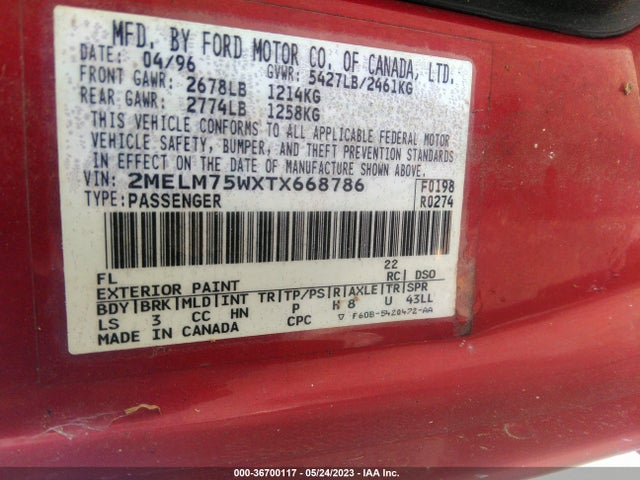 1996 MERCURY GRAND MARQUIS LS/BAYSHORE VIN: 2MELM75WXTX668786
