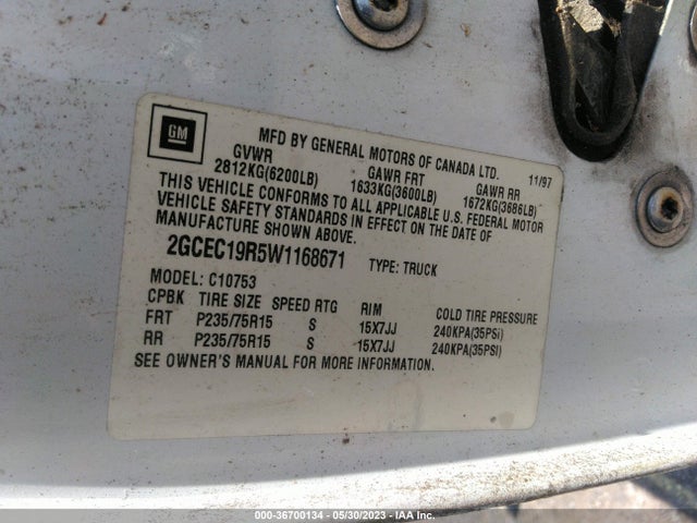 1998 CHEVROLET C/K 1500 VIN: 2GCEC19R5W1168671