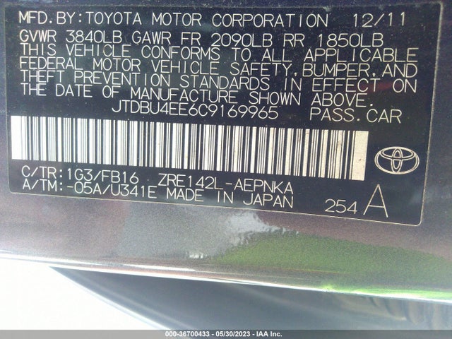 2012 TOYOTA COROLLA L/LE/S VIN: JTDBU4EE6C9169965