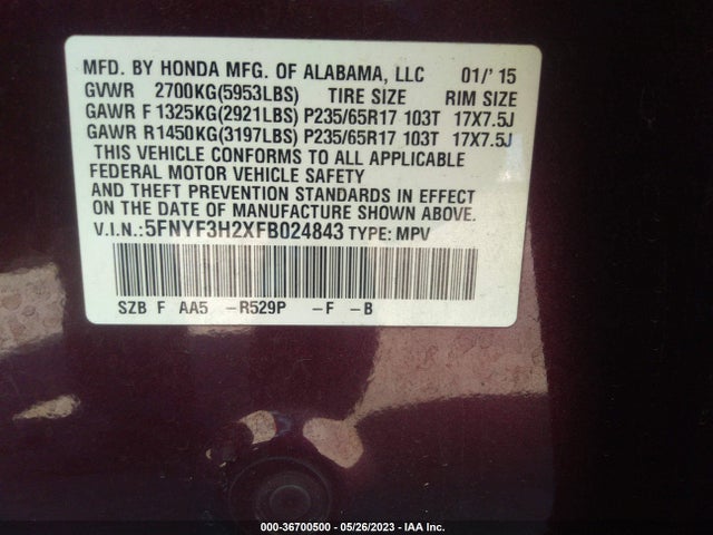 Honda PILOT LX 2015 5FNYF3H2XFB024843 Image 9