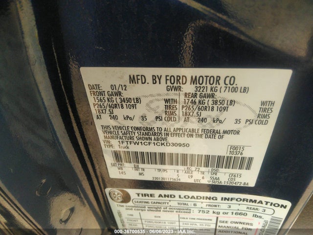 2012 FORD F-150 XL/XLT/FX2/LARIAT VIN: 1FTFW1CF1CKD30950