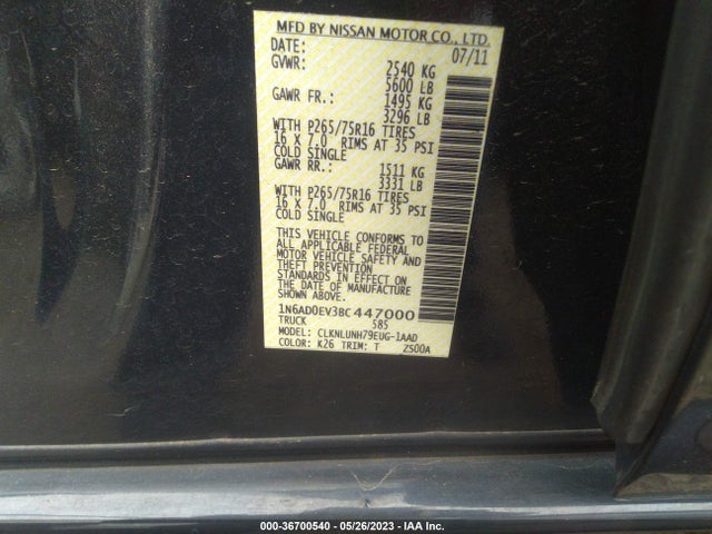 2011 NISSAN FRONTIER PRO-4X VIN: 1N6AD0EV3BC447000