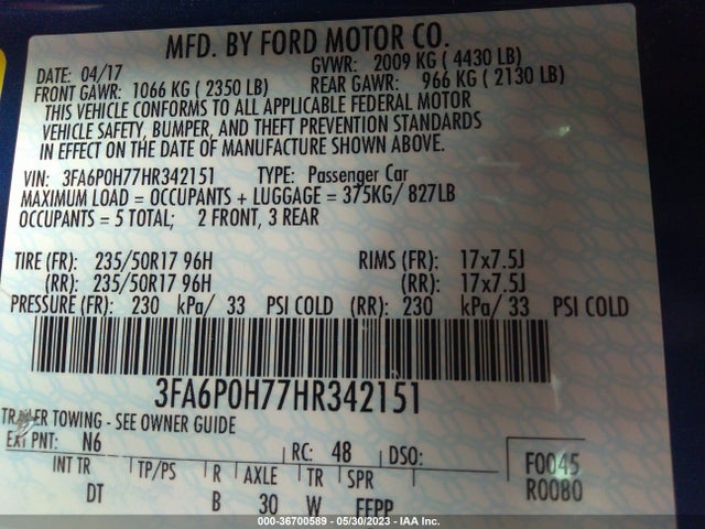 Ford FUSION SE 2017 3FA6P0H77HR342151 Image 10