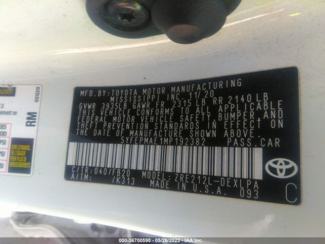 5YFEPMAE1MP192382 Toyota COROLLA LE