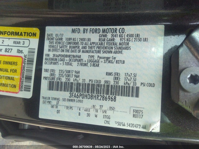 Ford FUSION SE 2017 3FA6P0HD8HR286968 Image 9