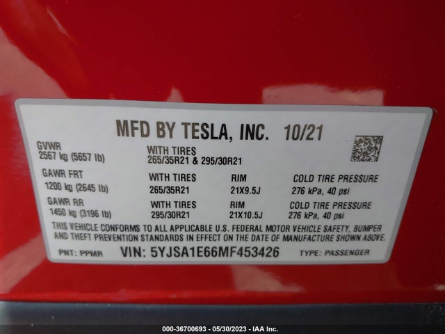 Tesla Model S Plaid 2021 5YJSA1E66MF453426 Image 9