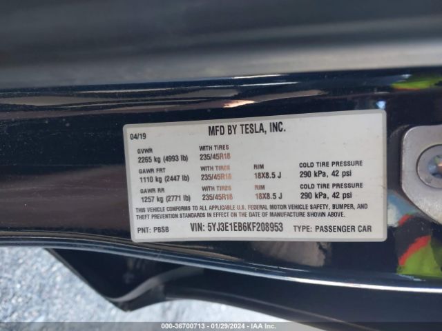 5YJ3E1EB6KF208953 Tesla Model 3 Performance/long Range