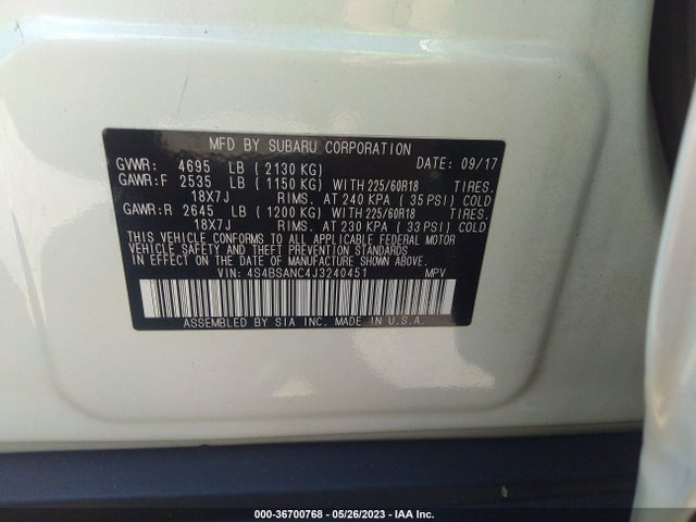 2018 SUBARU OUTBACK LIMITED VIN: 4S4BSANC4J3240451