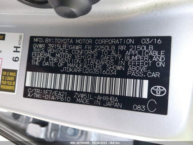 Toyota Prius Four 2016 JTDKARFU2G3516034 Image 10