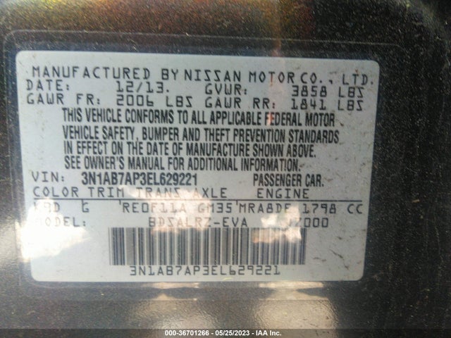 2014 NISSAN SENTRA SR VIN: 3N1AB7AP3EL629221