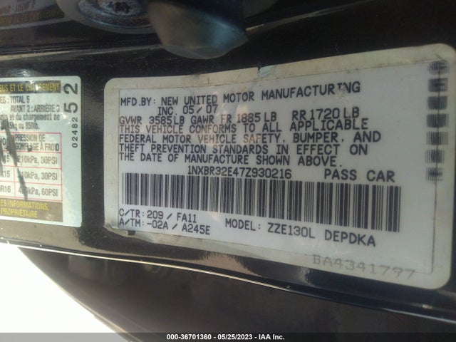 Aukcja sprzedaży 2007 Toyota Corolla Ce/s/le, vin: 1NXBR32E47Z930216, numer aukcji: 36701360