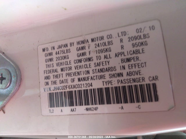 2010 ACURA TSX VIN: JH4CU2F6XAC021204