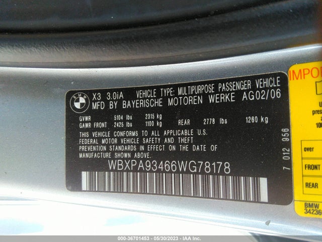 2006 BMW X3 3.0I VIN: WBXPA93466WG78178