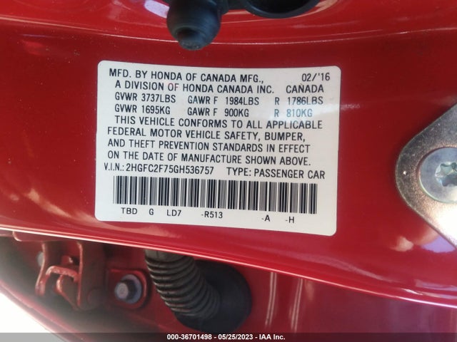 2016 HONDA CIVIC SEDAN EX VIN: 2HGFC2F75GH536757
