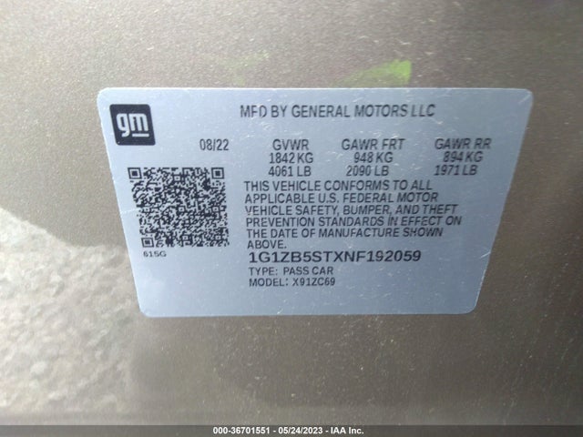 2022 CHEVROLET MALIBU LS VIN: 1G1ZB5STXNF192059