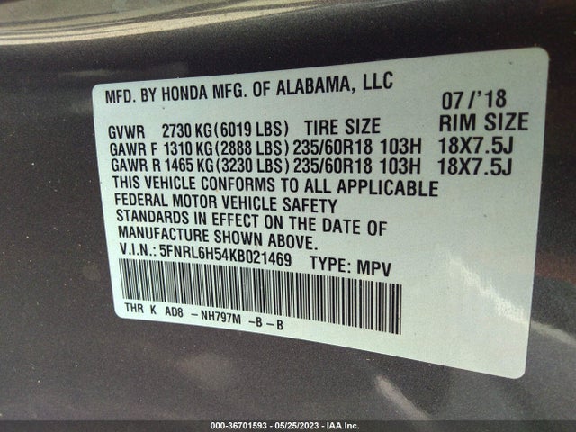 Honda ODYSSEY EX 2019 5FNRL6H54KB021469 Image 9