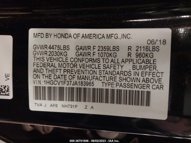 2018 HONDA ACCORD SEDAN SPORT 1.5T VIN: 1HGCV1F37JA183965