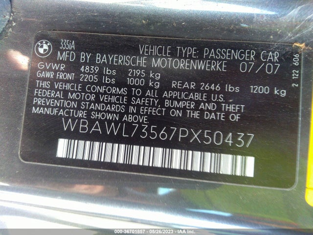 2007 BMW 3 SERIES 335I VIN: WBAWL73567PX50437
