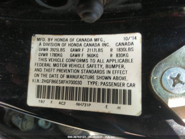 2015 HONDA CIVIC SEDAN SI VIN: 2HGFB6E5XFH700030