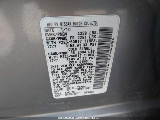 2010 NISSAN ROGUE SL VIN: JN8AS5MT4AW014776