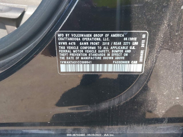 2012 VOLKSWAGEN PASSAT S W/APPEARANCE VIN: 1VWAH7A31CC099541